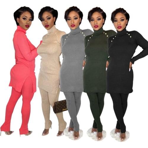 Solid-Color Split Long Sleeves Knitting & Trousers Women Two Piece Outfits 2020 Autumn European and American Suits
