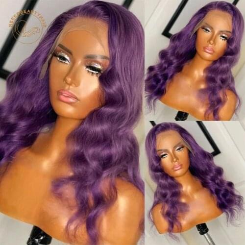 Purple Lace Frontal Wigs Purple Green Yellow Brown Wavy 13X4 Lace Front Wig 180% Density Colored Human Hair Wigs Body Wave Hiar
