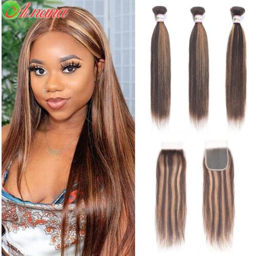 Alinana Ombre Highlights Colored Malaysian Bone Straight Hair Bundles With Closure P4/30 Remy Human Hair Bundles With Closure