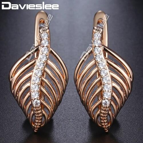 Davieslee Earrings For Women 585 Rose Gold Filled Leaf Shaped Stud Earring Clear CZ Stone Fashion Jewelry DGE166