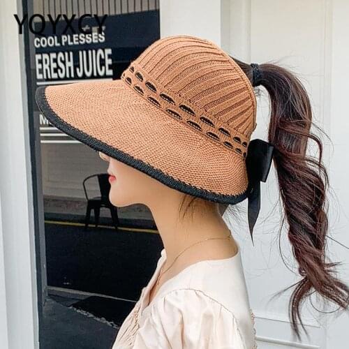 YQYXCY Summer Hats For Women Flax Bow Empty Top Sunshade Outdoor Sunscreen Sun Hat Wide Brim Protection Beach Hat Female New