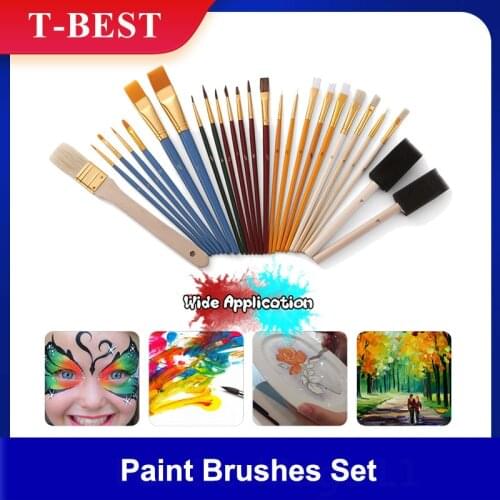 25Pcs Paint Brushes Set PaintBrushes Starter Kit Includes Taklon/ Bristle/ Horse Hair Brushes and Sponge Brushes for Painting