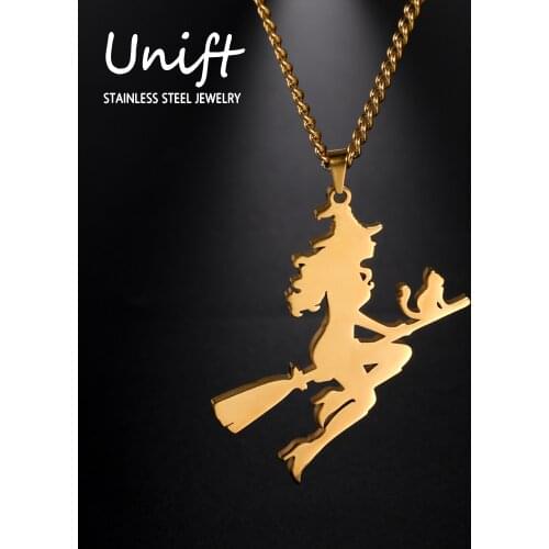 Unift Exquisite Cat & Witch Necklace Cartoon Character Stainless Steel Pendant Necklace for Women Girl Trendy Jewelry Accessory