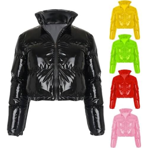 Women Winter Long Sleeve Zipper Puffer Jacket Stand Collar Shiny Metallic Faux Leather Cropped Puffy Bubble Coat Quilted