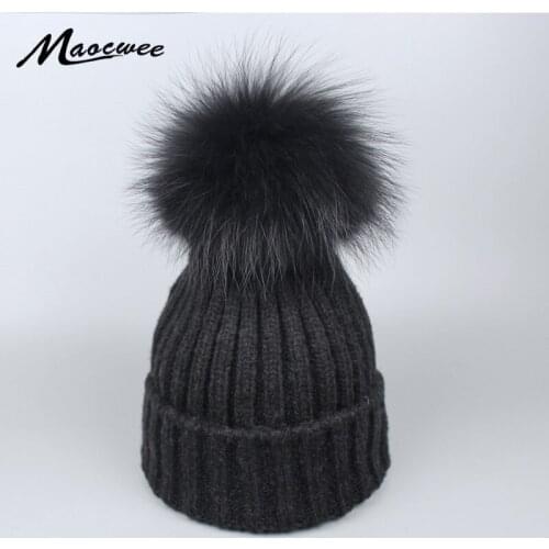 Womens Winter Mink Knitted Pompom Hat Cap with Pompons Real Colorful Raccoon Fur Mountain Skiing Suit for Children Girls Hat