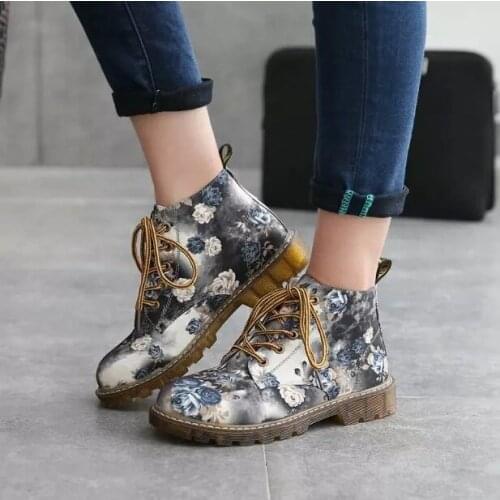 Autumn Women Ankle Boots Low Heels Flower Flats Casual Shoes Woman Oxfords Lace-Up Motorcycle Booties Plus Size 40