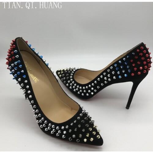 2017 Fashion Rivet Design Pumps Women Genuine leather High Heels Shoes, New Styles Woman Shoes Brand TIAN.QI.HUANG