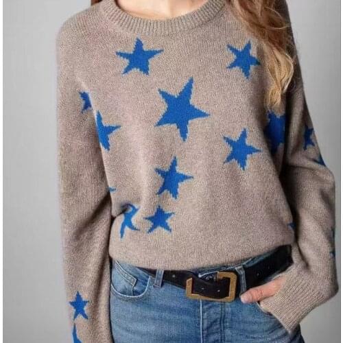 100% Wool Women O-Neck Knitted Sweater 2021 Autumn Winter Ladies Stars Fashion Long Sleeve Knitwear Jumper Female Pullover Tops