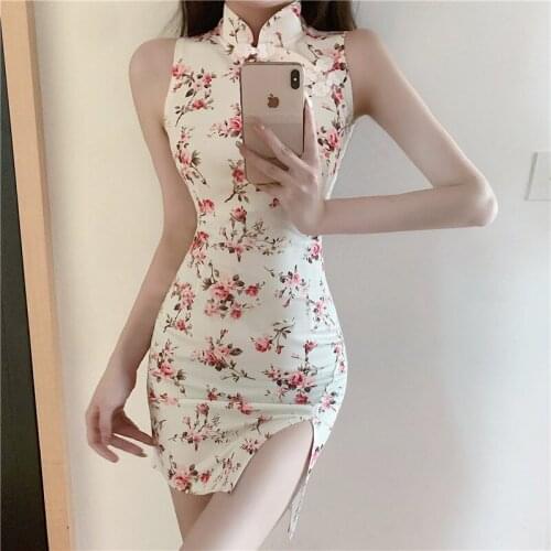 Real Shot Retro Womens Temperament Elegant Apricot Print Split Hip Sleeveless Cheongsam Dress