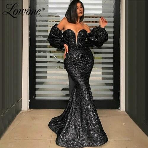 Sequin Mermaid Evening Dresses Black Celebrity Dress 2020 Haute Couture Arabic Arabic Robe De Soiree Prom Gown Evening Wear Robe