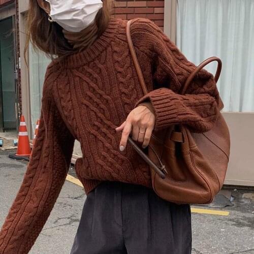 2020 Women Winter Warm Twist Sweater Round Collar Full Sleeve Loose Knitted Pullovers Casual Jumpers