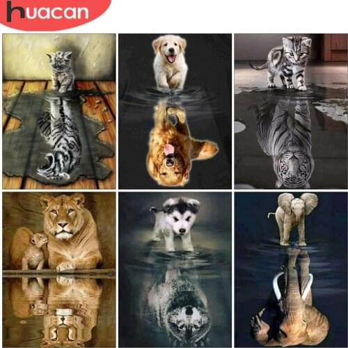 HUACAN Diamond Painting Cat Tiger Diamond Embroidery Reflection Mosaic Full Square/Round Wall Art Home Art