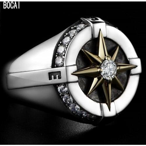BOCAI New 100% Pure s925 silver jewelry trend personality compass ring simple single Man ring