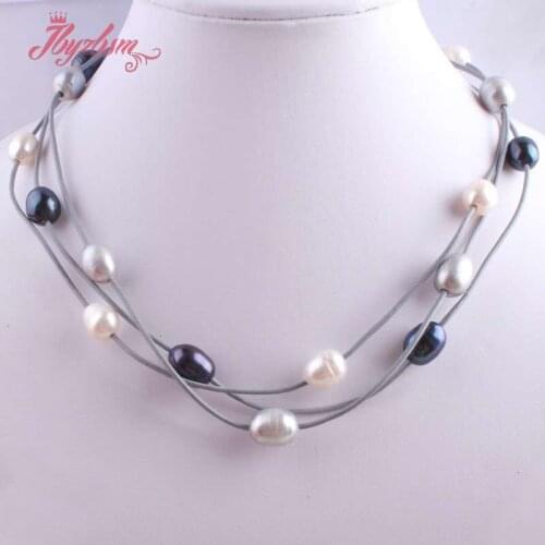 10-12mm Oval Freshwater Pearl Natural Stone Beads For Christmas New Year Gift Jewelry Leather Necklace Lobster Clasp 16"