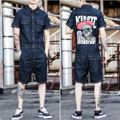 Jeans Jumpsuit Short Sleeve Men One Piece Overalls Punk Skull Print Mens Denim Rompers Jumpsuits 2021 New Summer Male Sets XXL