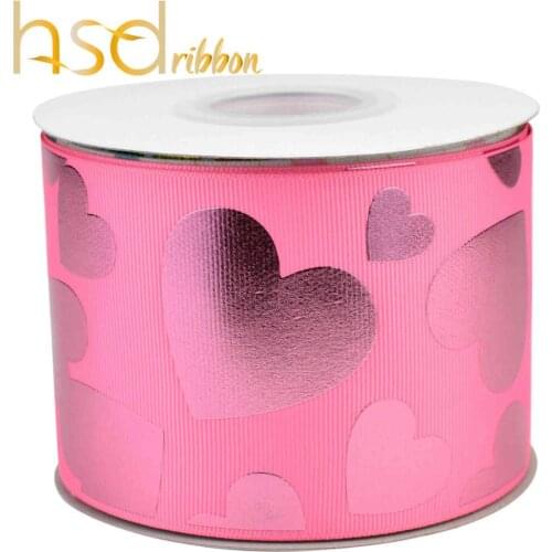 HSDRibbon 75mm 3 inch Designer make big shock pink Love foil on Pink grosgrain ribbon