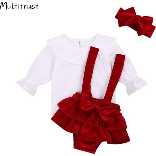 2021 Christmas Newborn Infant Baby Girl Clothes Set Ruffles White Tops Bow Red Velvet Shorts Headband Outfits Xmas 0-24M
