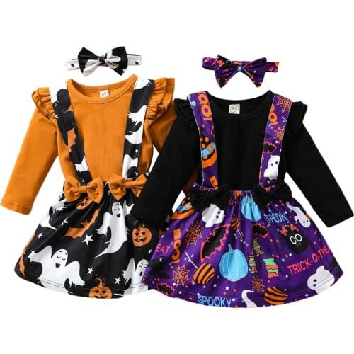 3Pcs Toddler Halloween Outfits, Long Sleeves T-Shirt + Cartoon Ghost Suspenders Skirt + Headband for Girls, 6 Months to 4 Years