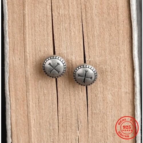 MKENDN 100% 925 Sterling Silver Creative Retro Lucky Buttons Cross Stud Earring Punk Street Style For Men Women Fine Jewelry