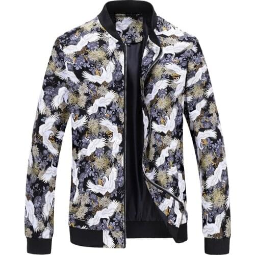 Crane Printed Jacket Men Spring Autumn Vintage Harajuku Zipper Fashion Baseball Jacket Coat Mens Bomber Jackets