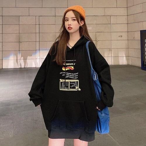 2020 Autumn And Winter New Womens High Street Print Hooded Loose Plus Velvet Thick Sweatshirt Sudadera Mujer En