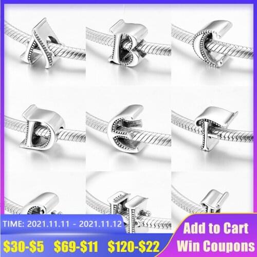 Real 925 Sterling Silver Fine Alphabet A to Z 26 Letter Beads Jewelry Making Creative Combination Fit AGATA Charm Bracelet DIY
