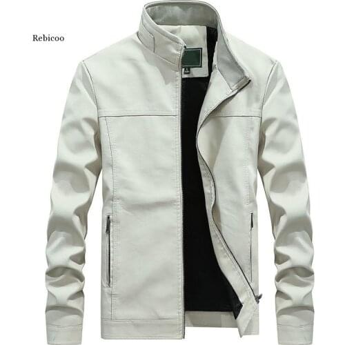 Stand Collar White Pu Leather Biker Jacket Motorcycle Plus Size 4Xl Mens Long Sleeve Faux Leather Moto Jacket Casual Boys Coat