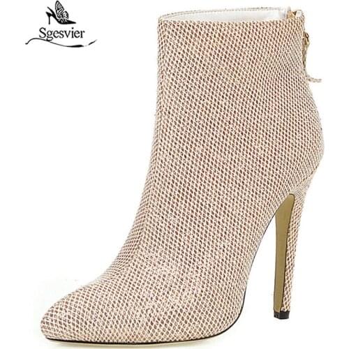 Sgesvier New Bling Luxury Shoes Woman Ankle Boots Female Zip Up Thin High Heels Autumn Winter Boots Women Shoes Ladies G785