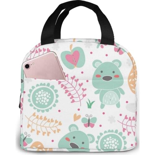 Cute Floral With Bears Lunch Bag Portable Insulated Thermal Cooler Bento Lunch Box Tote Picnic Storage Bag Pouch