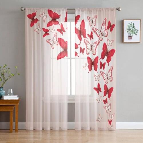 Red Butterfly Insect Window Treatment Tulle Modern Sheer Curtains for Kitchen Living Room the Bedroom Curtains Decoration