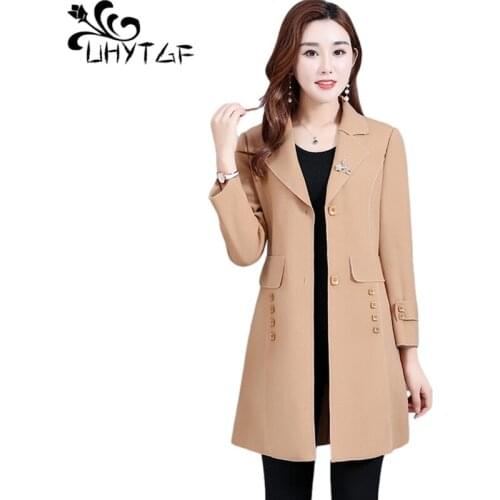 UHYTGF Spring Autumn Trench Coat Womens New Fashion Lapel Slim 5XL Plus Size Outerwear Mid-Length Casual Windbreaker Female 1573