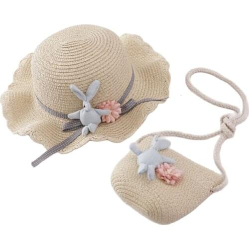 Europe America Cartoon Flower Ribbon Children Sun Hat Bag Set Spring Summer Brand Wide Brim Kid Straw Hats For Girl Aslant Bag