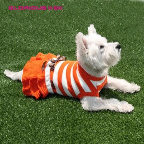 Dog Sweater Stripes Knit Wool Pet Dog Sweaters Cute Spring/Autumn Warm Female Dog Dress Coat with Satin Bow Girl Dog Dress Coat