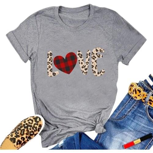 Women Fashion Casual Round Neck Short Sleeve Valentine day T-Shirt Solid Color Love Heart Printing Daily All-match Shirt