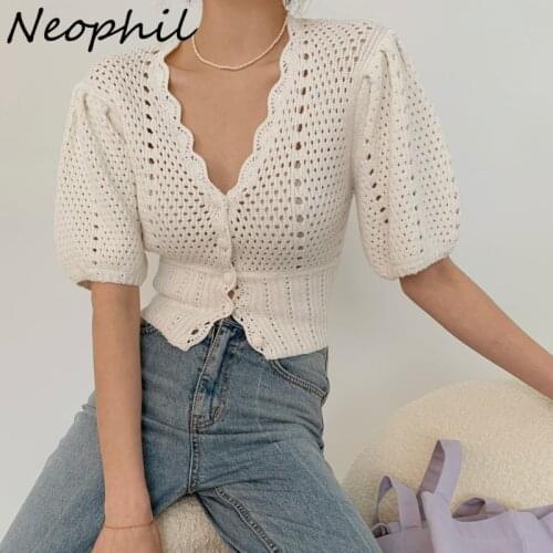 Neophil Women Autumn Tunic Crochet Knitted Cardigan Sweaters Hollow Out Puff Sleeve Ruffled Collar Short Tops Knitwear SW21735