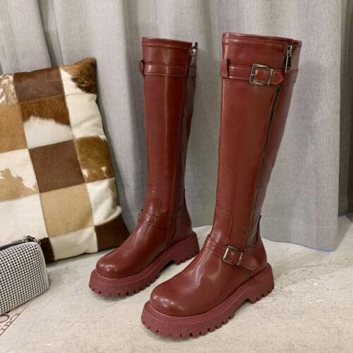 2021 New Knight Boots Buckle Platform Knee High Boots Women Patent Leather Chunky Heels Shoes Woman Waterproof Long Boots