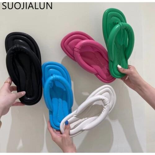 SUOJIALUN 2021 New Summer Women Slippers Fashion Rose Red Sandal Flat Heel Outdoor Casual Ladies Slides Shoes Female Flip Flops