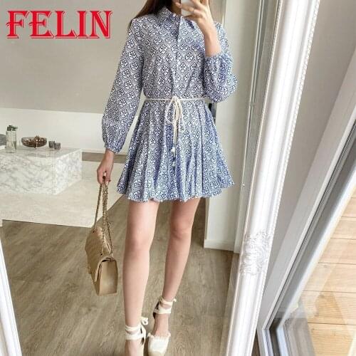 Za Women Flower Print Sashes Mini Dress Long Sleeve Vintage Shirt Dresses Female Button Ruffles Fashion 2021 Mujer Vestidos