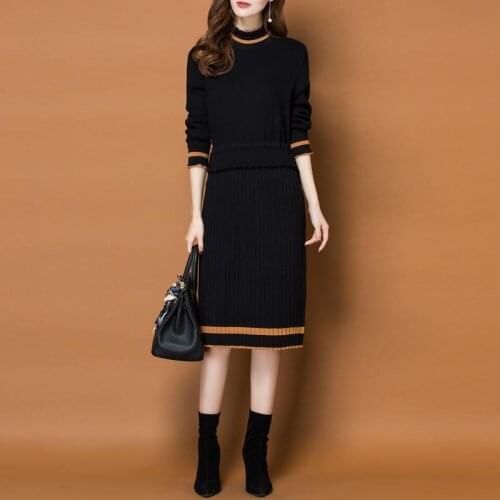 Womens spring new knitted dress chic warmth thick mid-length autumn and winter over the knee bottoming knitted bag hip dress