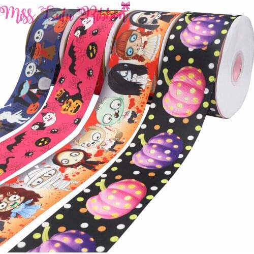 16mm-75mm Halloween Decorates Vampire Demons Cartoon Printed Grosgrain/Foe Ribbon DIY Festival Hair Bowknots 50yards/roll