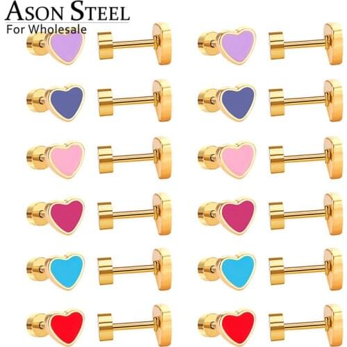 ASONSTEEL 12pairs/lot Gold/Silver Color Heart Screw Stud Earring Set for Women Girl Ear Piercing 316L Stainless Steel Jewelry