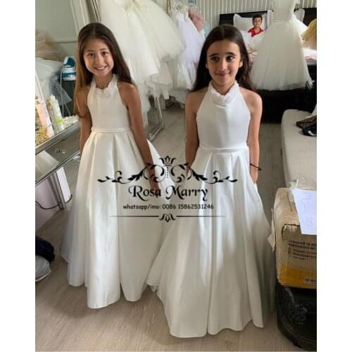 Princess White Halter Flower Girl Dresses for Weddings 2021 Halter Beaded Sequined Backless First Communion Party Gowns Toddlers