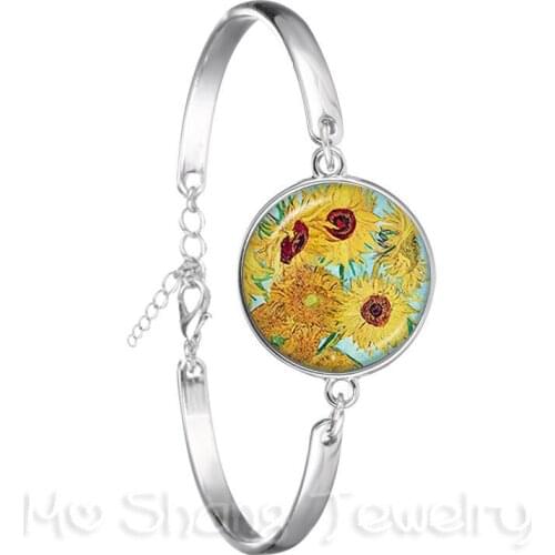 1PC Van Gogh Trendy 18mm Glass Cabohocn Bracelet Silver Plated Van Gogh Starry Night Pattern Chain Bangle For Women Party Gift