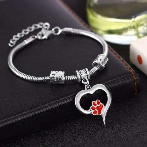 12PC/Lot Red Enamel Pet Paw Print Bracelets Animals Dog Cat Lovers Jewelry Love Heart Charms Bracelets Women Girls Bangle Gifts