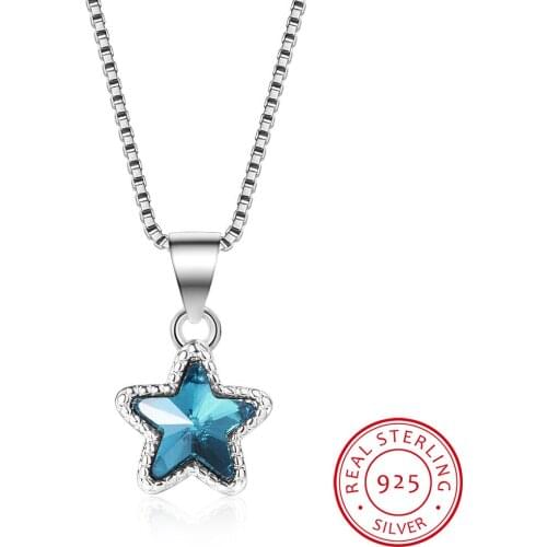 100% 925 Solid Sterling Silver Necklace Women Girl Sweet Star Blue CZ 40cm Short Clavicle Necklace For Teen Jewelry DS981