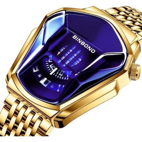 BINBOND Fashion Military Watch Men Sport Locomotive Man Clock Irregular Case Gold Stainless Steel Strap Chronograph relogio Gift