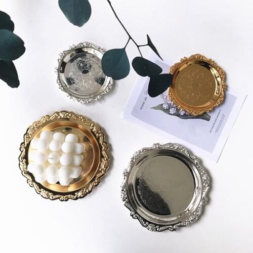 Cutelife Vintage Round Golden Metal Serving Tray Decorative Kitchen Breakfast Cake Food Tray Perfume Jewelry Table Storage Tray