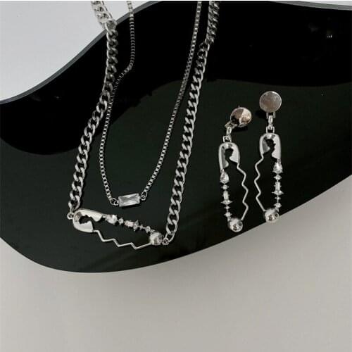 Origin Summer Hiphop Double-Layer Safety Pin Pendant Necklace for Women Hollow Out Cubic Zircon Chunky Chain Necklace Jewelry