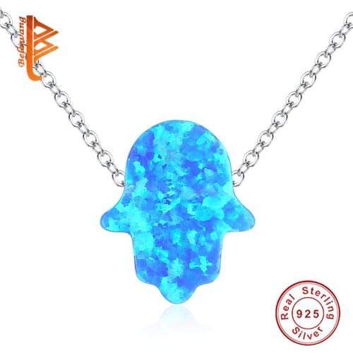 BELAWANG Wholesale 5PCS 925 Sterling Silver with Blue Opal Hamsa Hand Pendant Necklace for Women Silver Chain Jewelry Necklaces