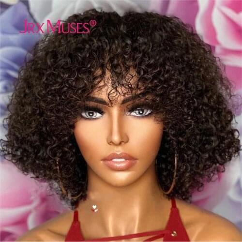 Jerry Curly Human Hair Wigs With Bangs Full Machine Made Wigs Natural Black Colored Glueless Brazilian Remy Hair For Women